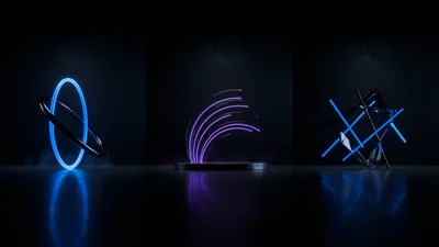Abstract Neon Geometric Shapes On Dark Reflective Surface