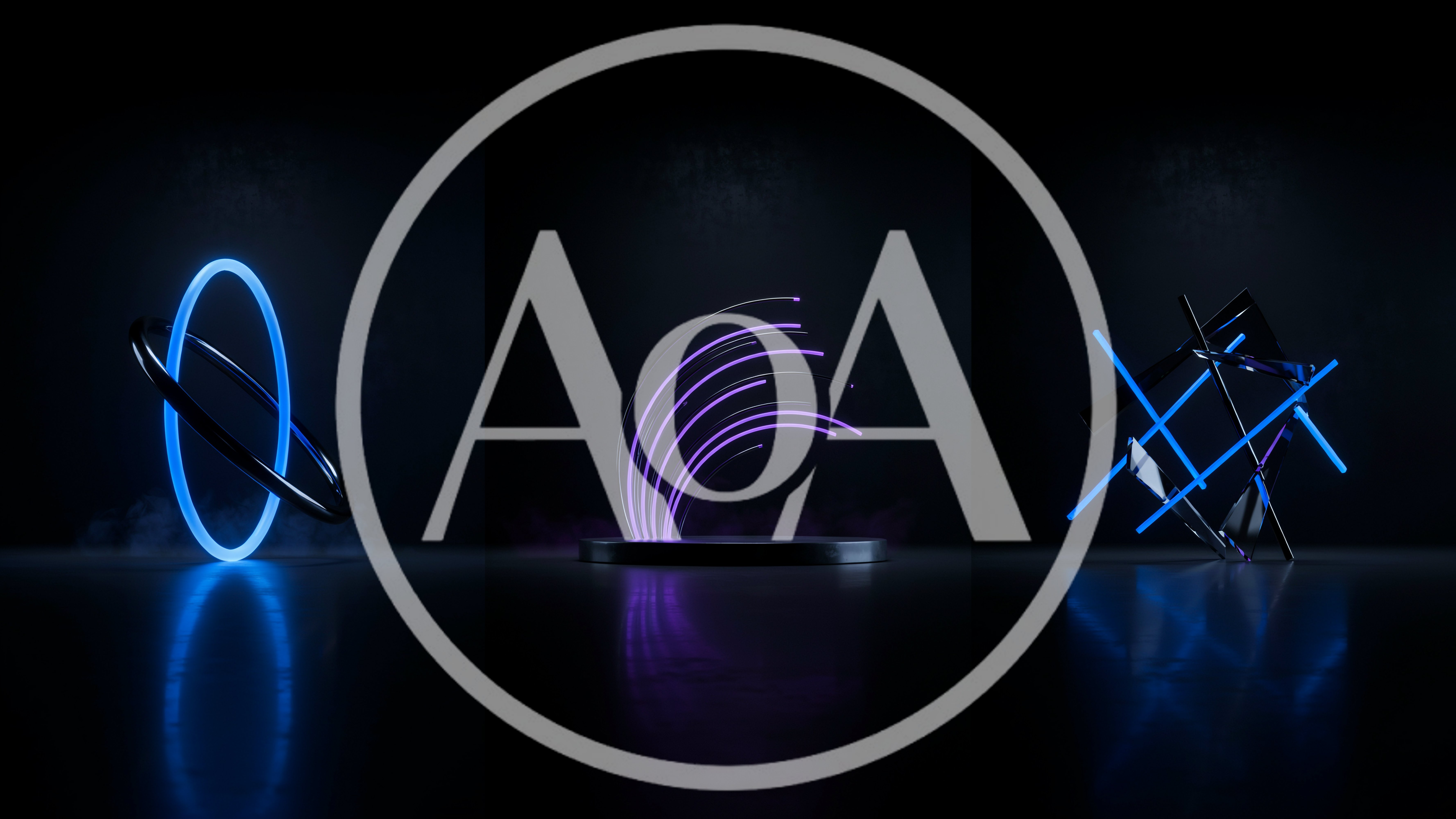 Abstract Neon Geometric Shapes On Dark Reflective Surface