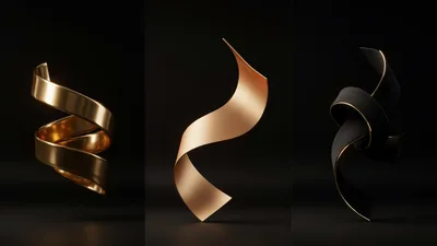 Abstract Metallic Ribbon Sculptures on Black Background