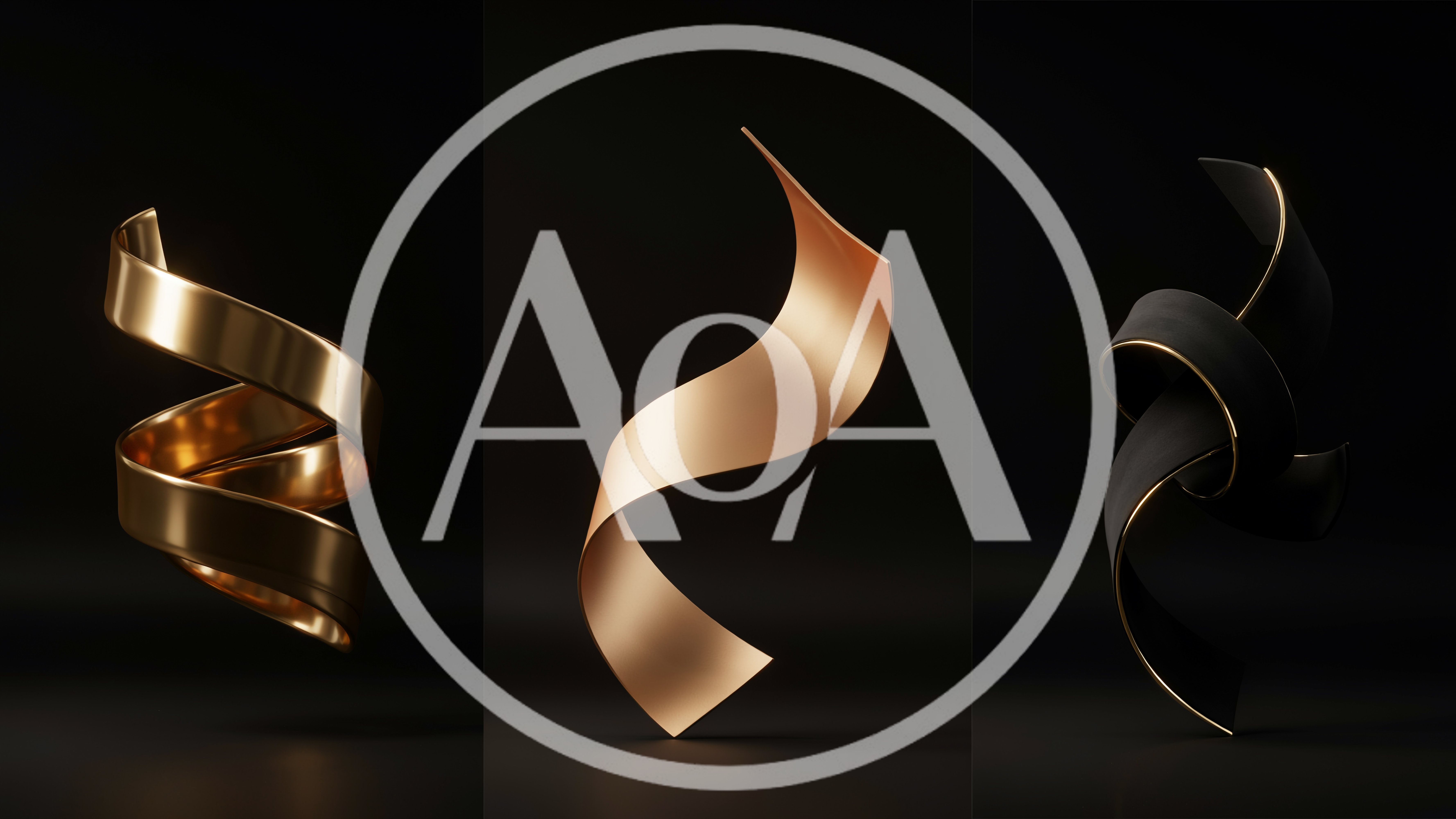 Abstract Metallic Ribbon Sculptures on Black Background