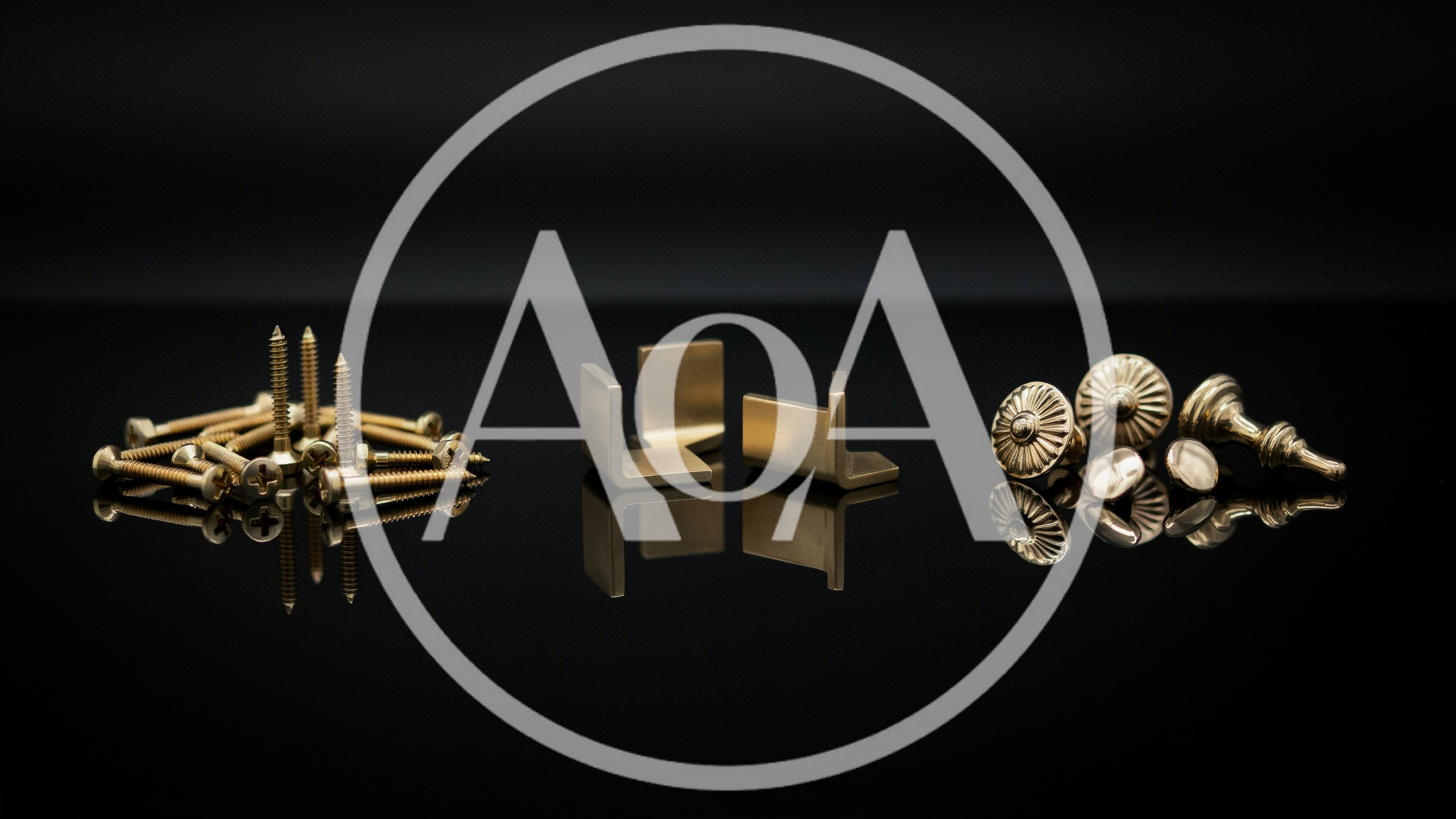 Brass Hardware Components Arranged On Reflective Black Surface