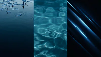 Abstract Blue Triptych Featuring Water And Light Reflections
