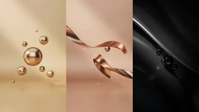 Abstract 3D Renderings With Floating Metallic Spheres And Ribbons