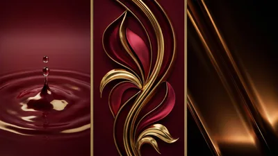 Abstract Triptych With Liquid Drop And Gold Ornamentation