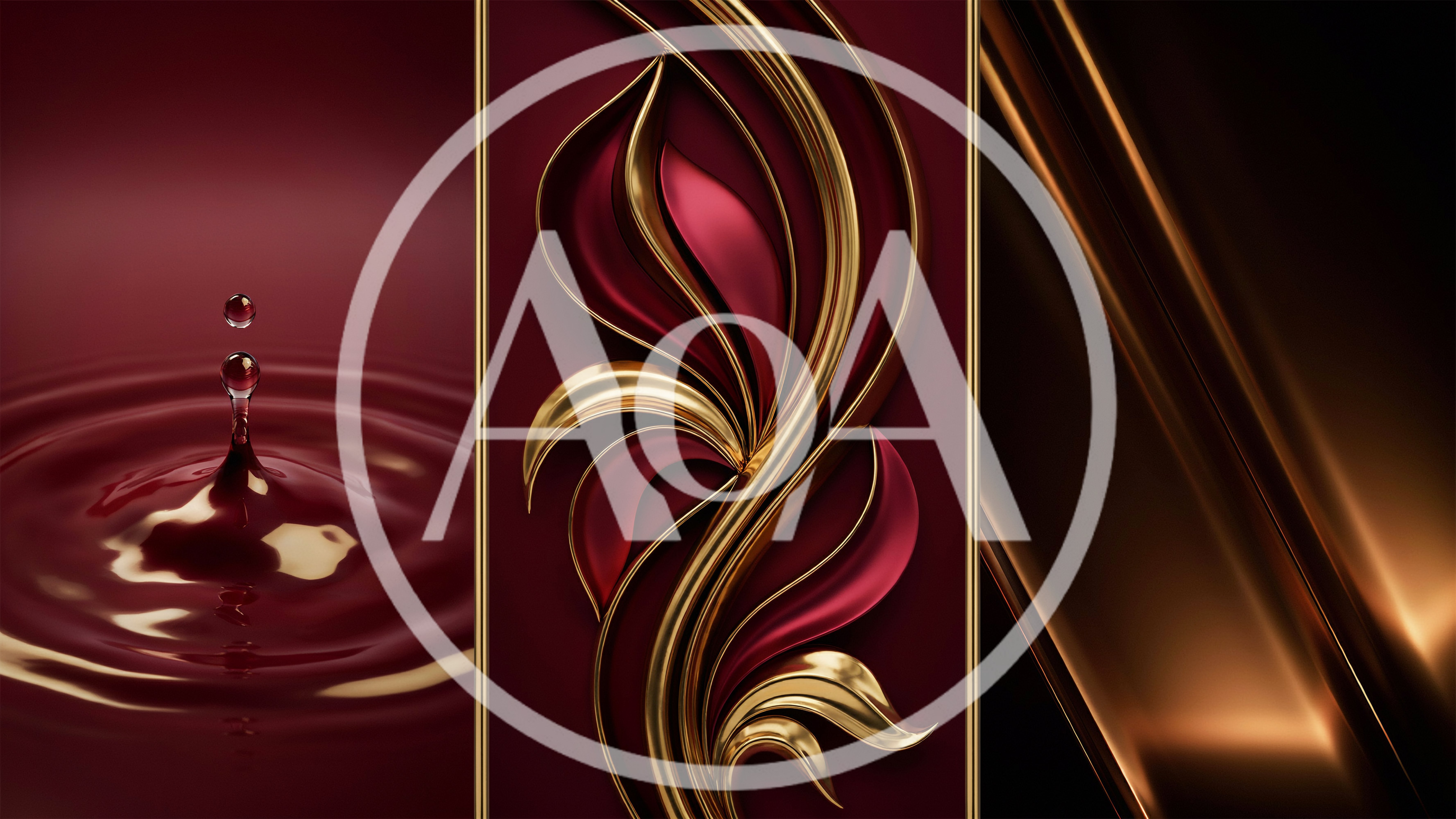 Abstract Triptych With Liquid Drop And Gold Ornamentation