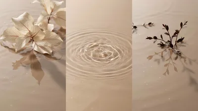 Minimalist Beige Water Surface With Plant Sprigs And Ripples