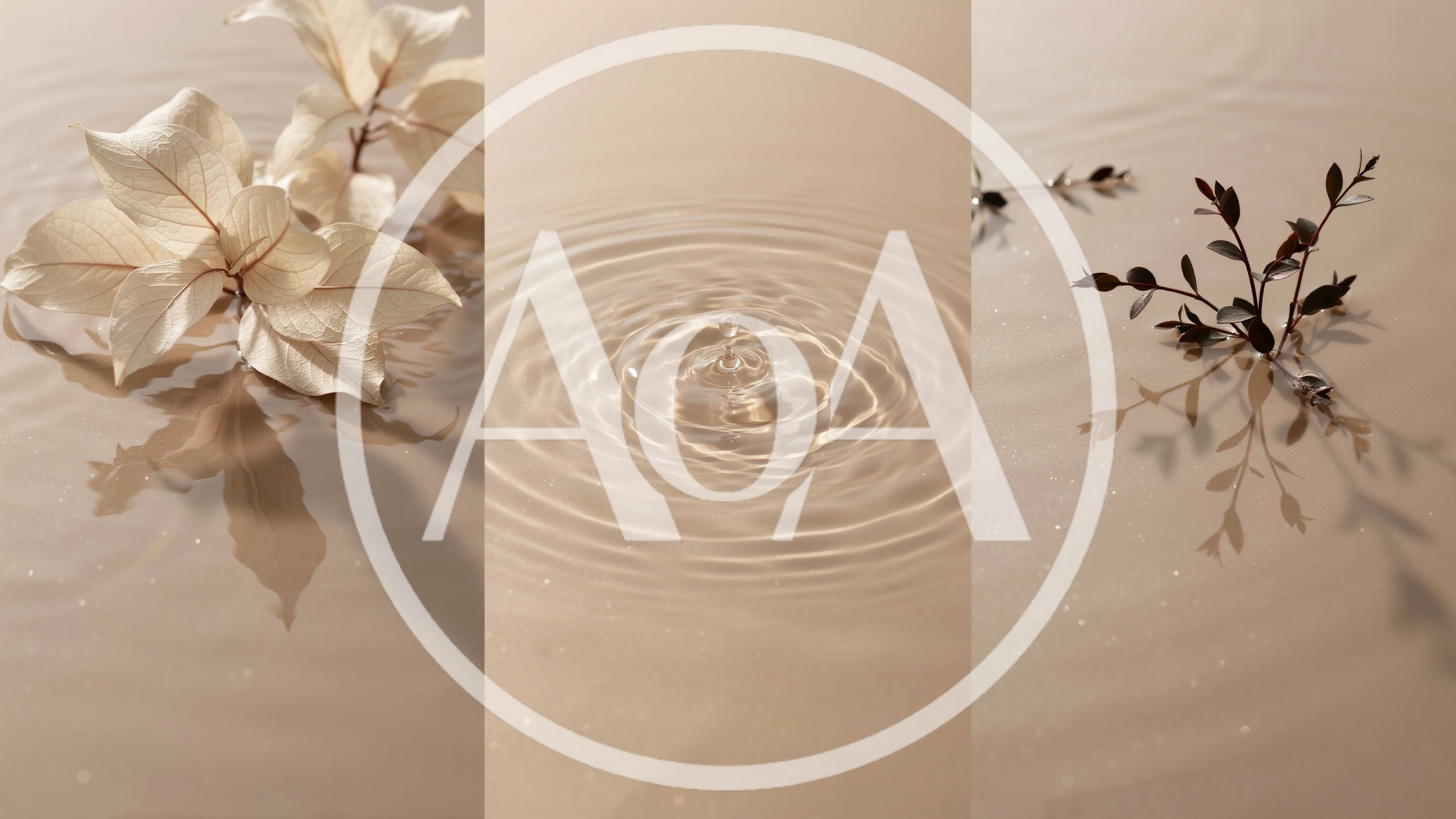 Minimalist Beige Water Surface With Plant Sprigs And Ripples