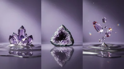 Amethyst Crystals And Floating Water Droplets On Purple Background