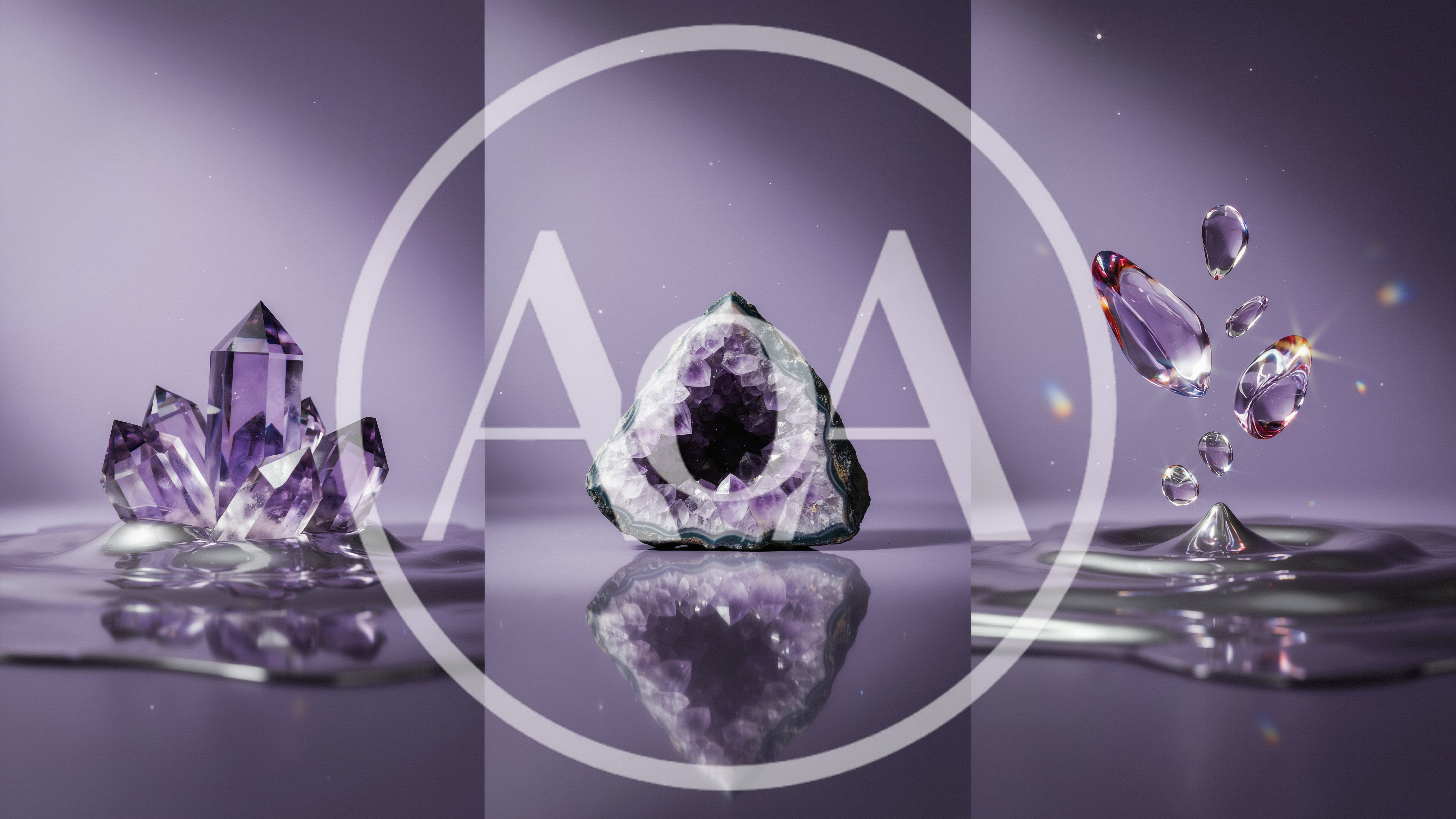 Amethyst Crystals And Floating Water Droplets On Purple Background