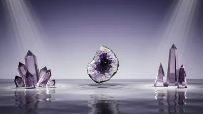 Amethyst Geode Floating Above Rippling Water Surface