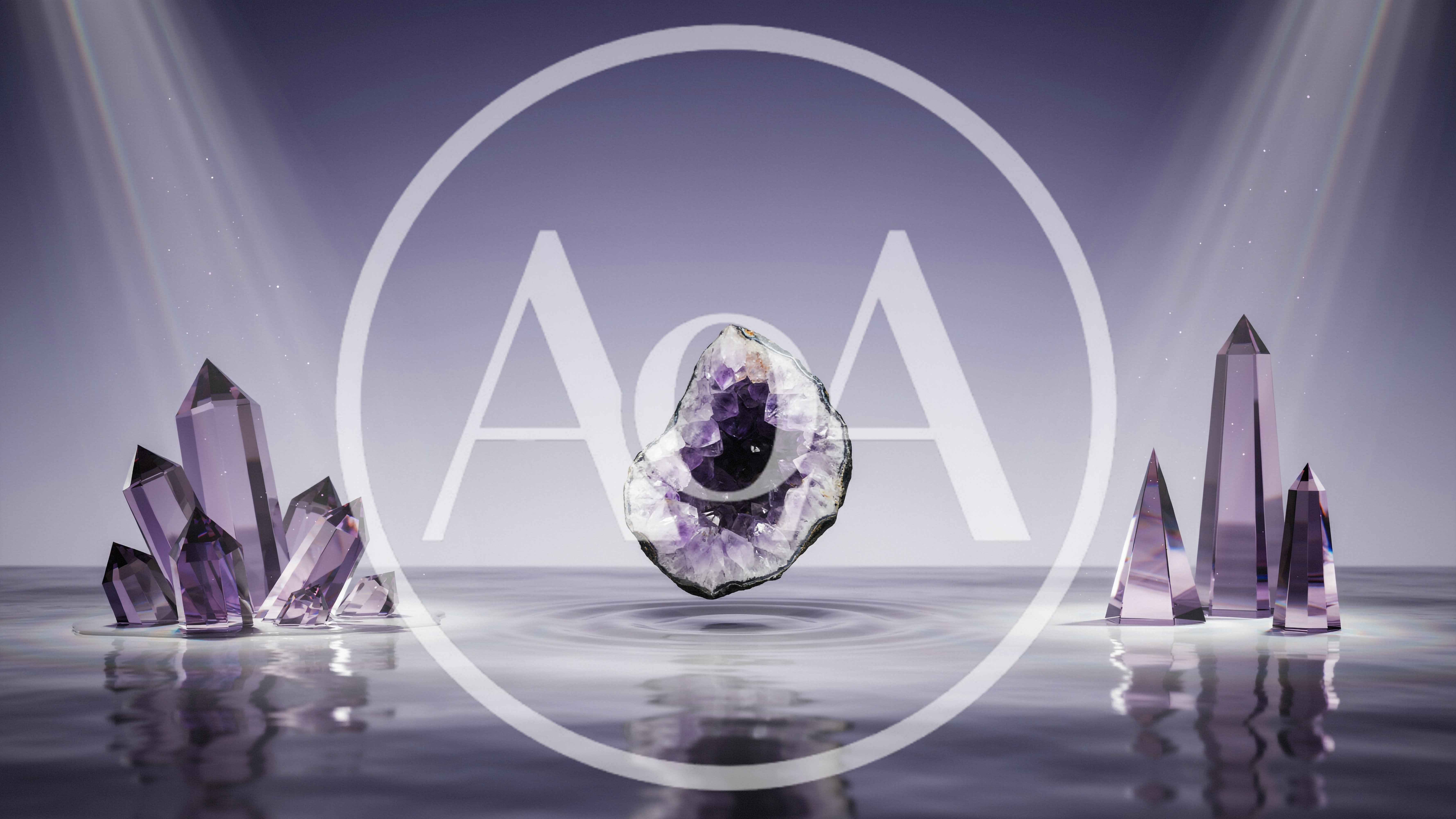 Amethyst Geode Floating Above Rippling Water Surface