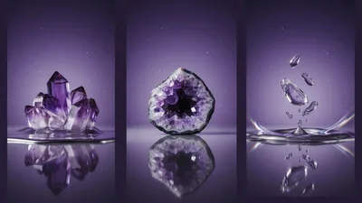 Amethyst Crystals And Water Droplets On Reflective Surface