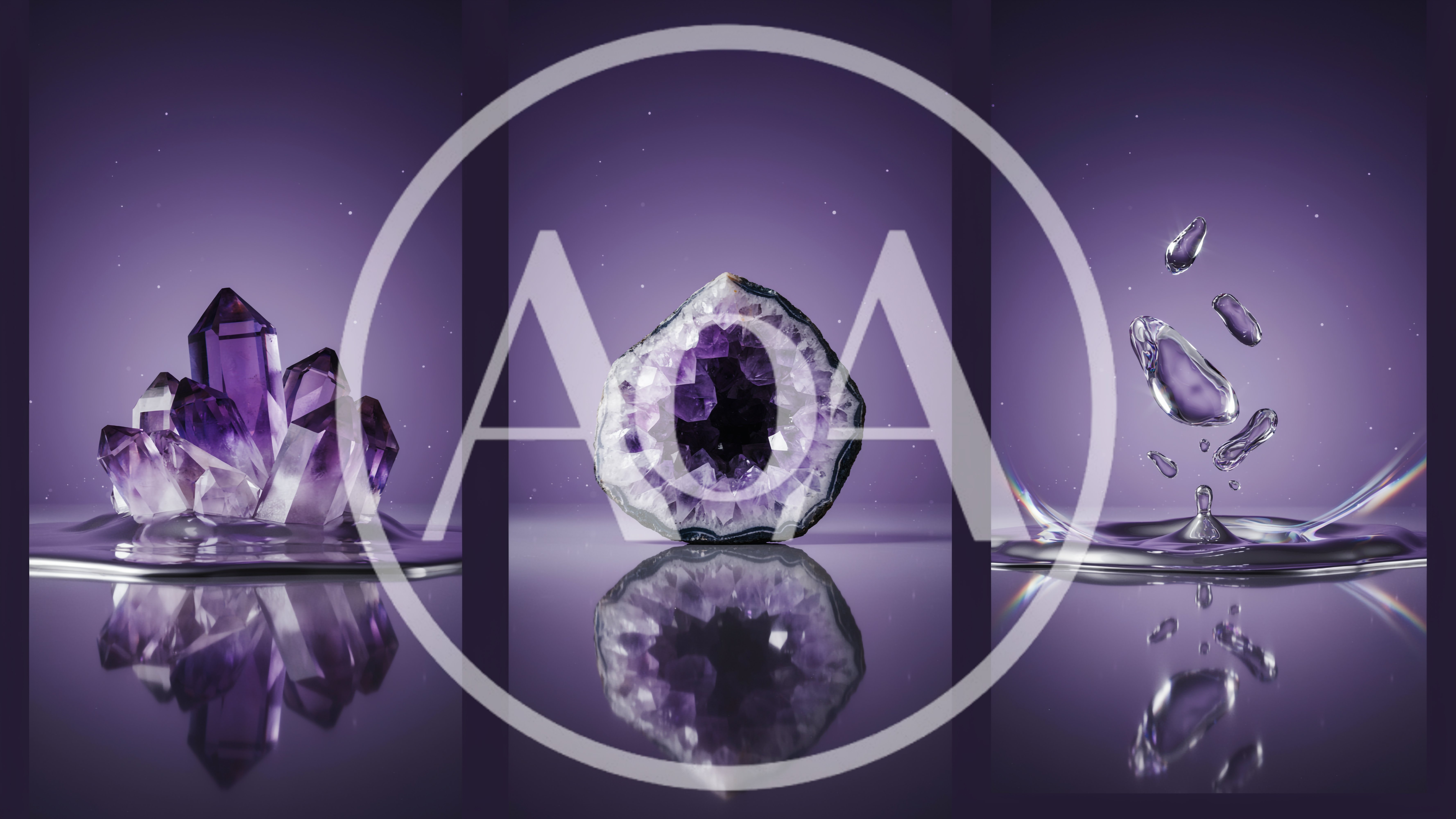 Amethyst Crystals And Water Droplets On Reflective Surface