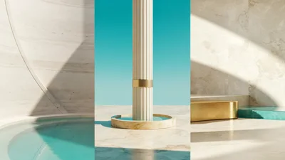 Minimalist Architectural 3D Render With Marble And Water