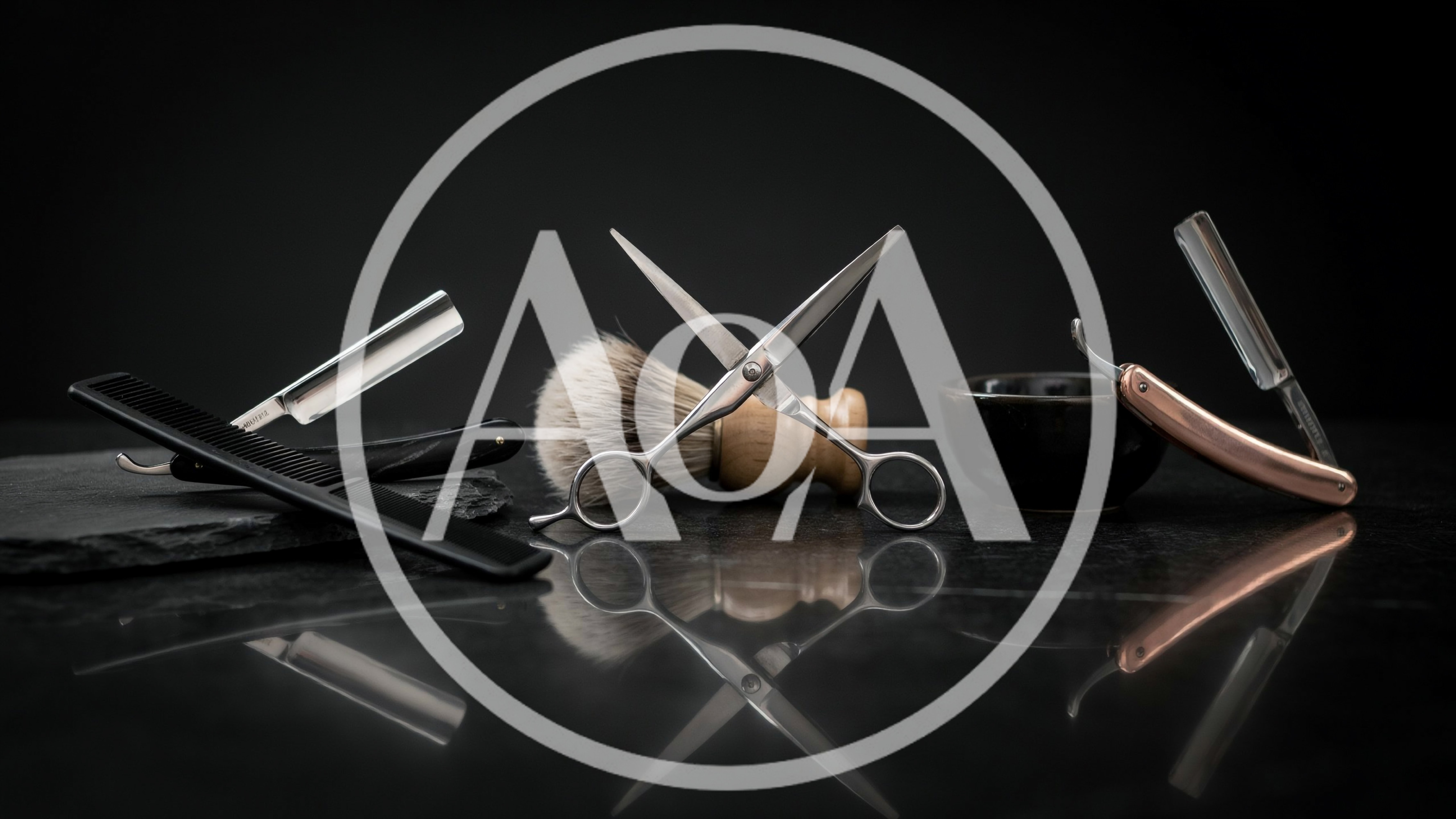 Professional Barber Tools Arranged On A Reflective Surface