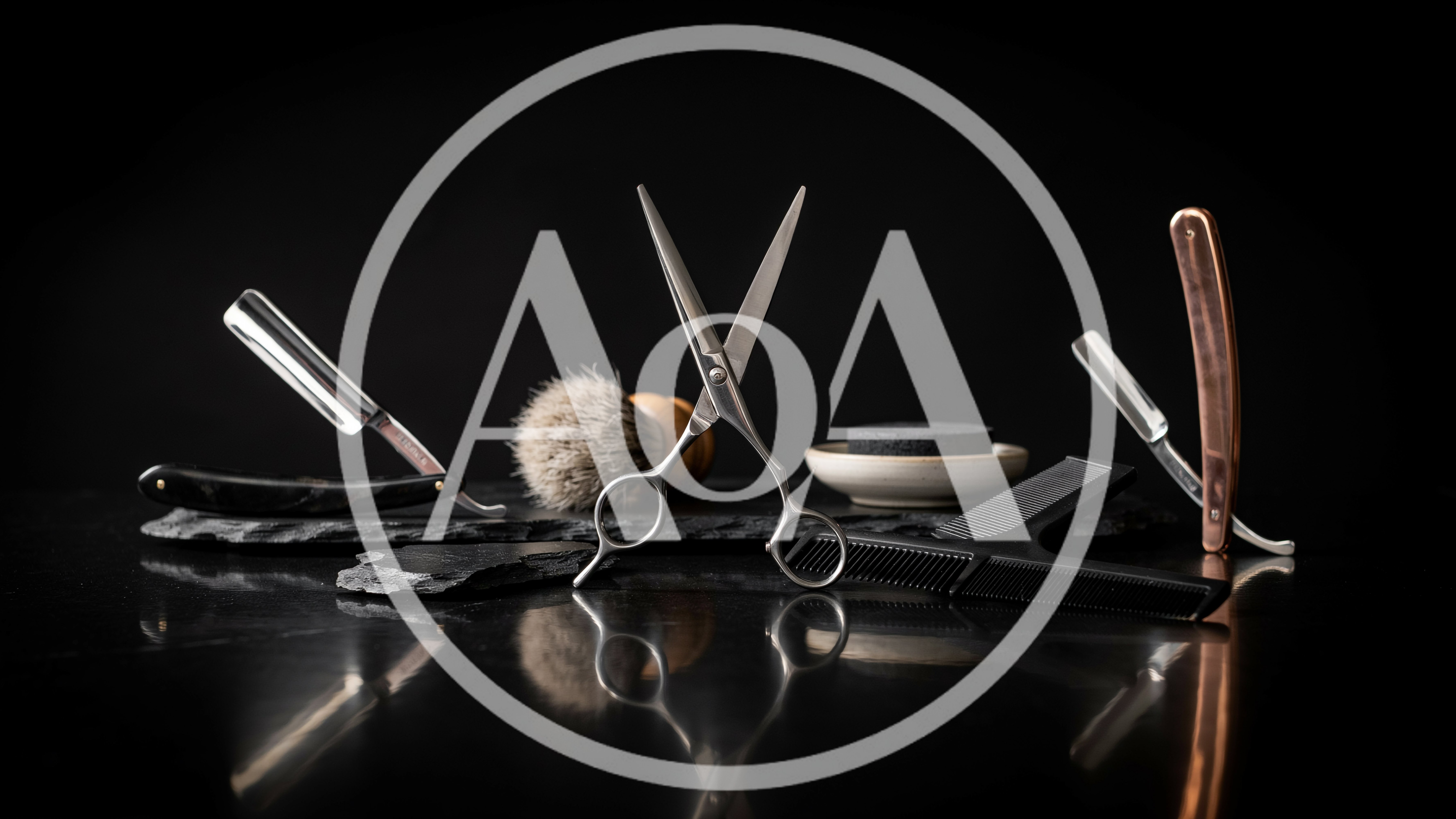 Professional Barber Tools Arranged on Dark Slate Surface