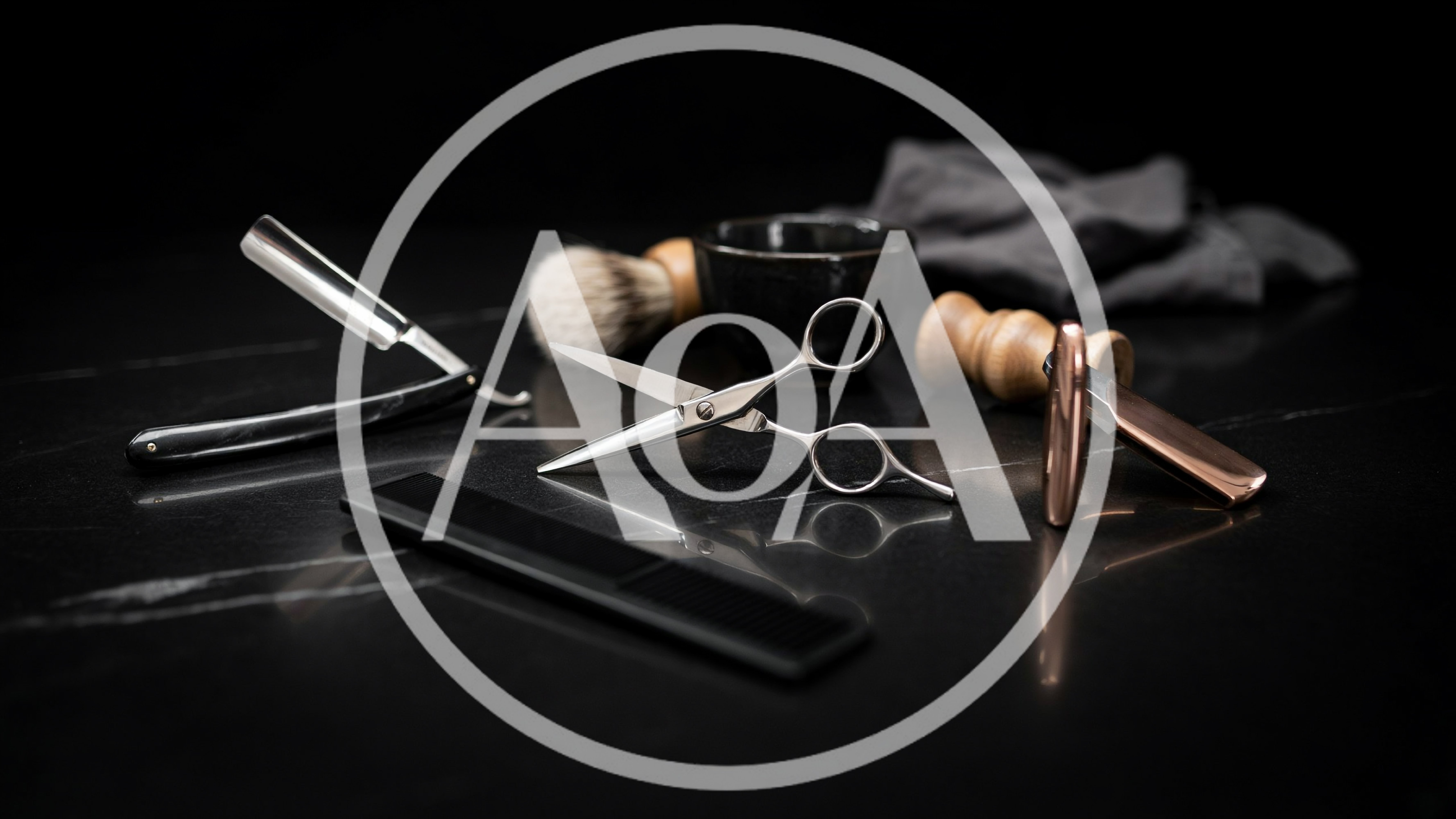 Professional Barber Tools Arranged on Black Marble Surface