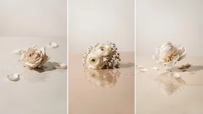Three Panels Of Elegant White Flowers Floating On Water