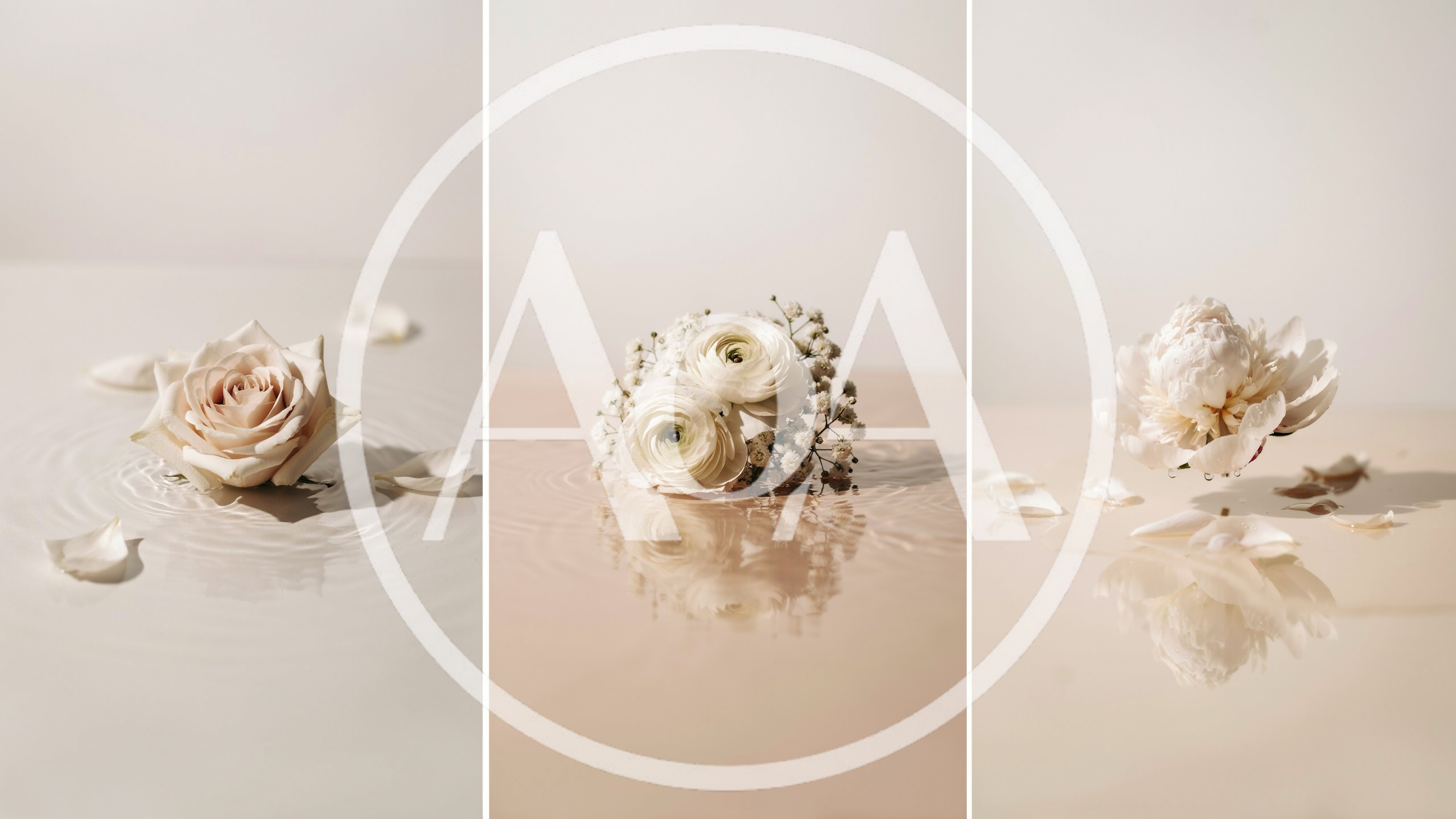 Three Panels Of Elegant White Flowers Floating On Water