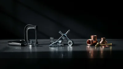 Assorted Metal Hardware Tools and Plumbing Fittings