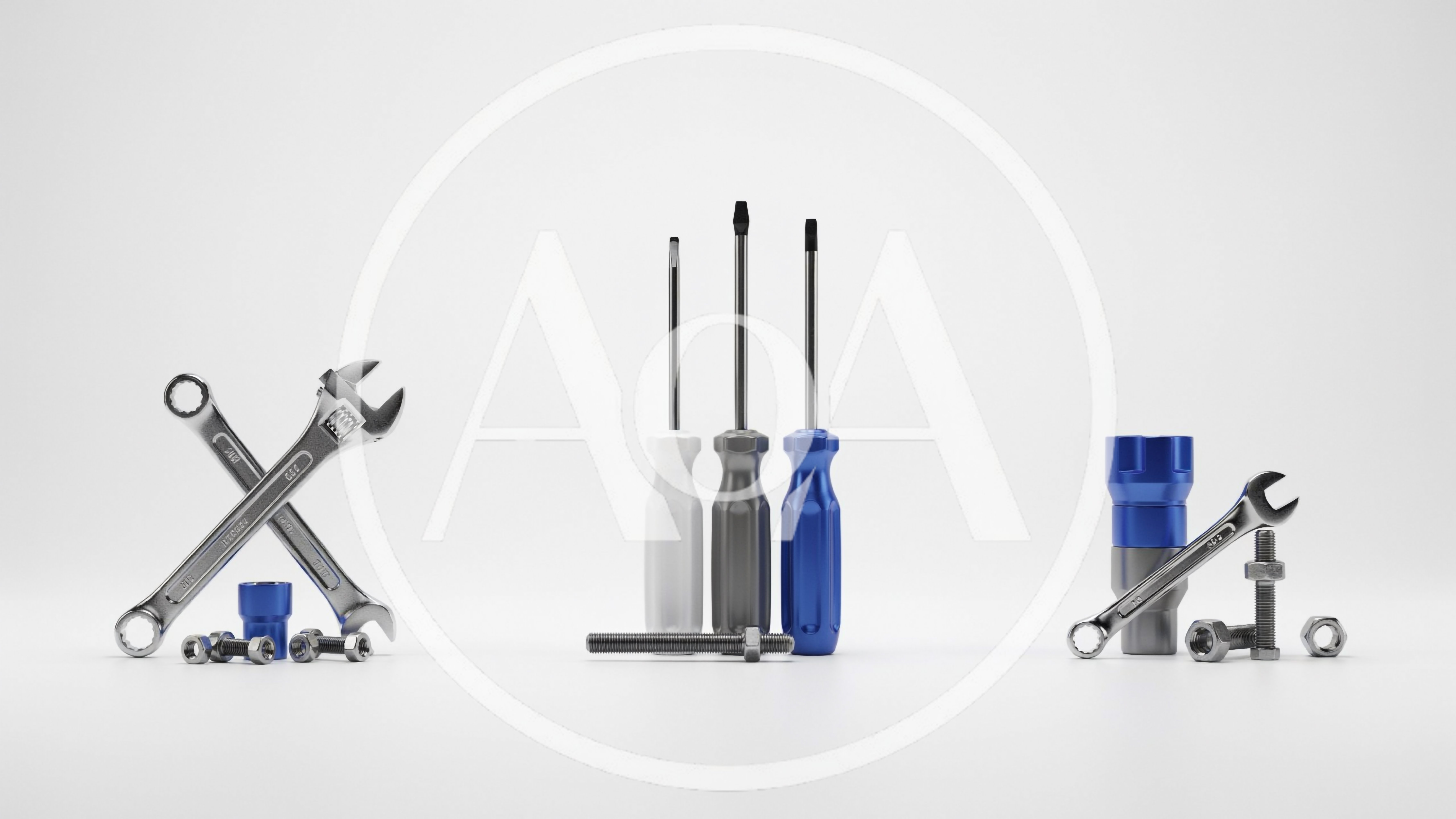 Assorted Hand Tools and Hardware on White Background