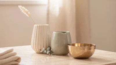Minimalist Still Life With Vases And Brass Bowl