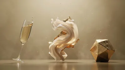 Floating Champagne Glass With Silk Fabric And Gold Geometry