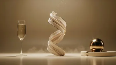 Abstract Champagne Glass With Floating Silk Ribbon And Sphere
