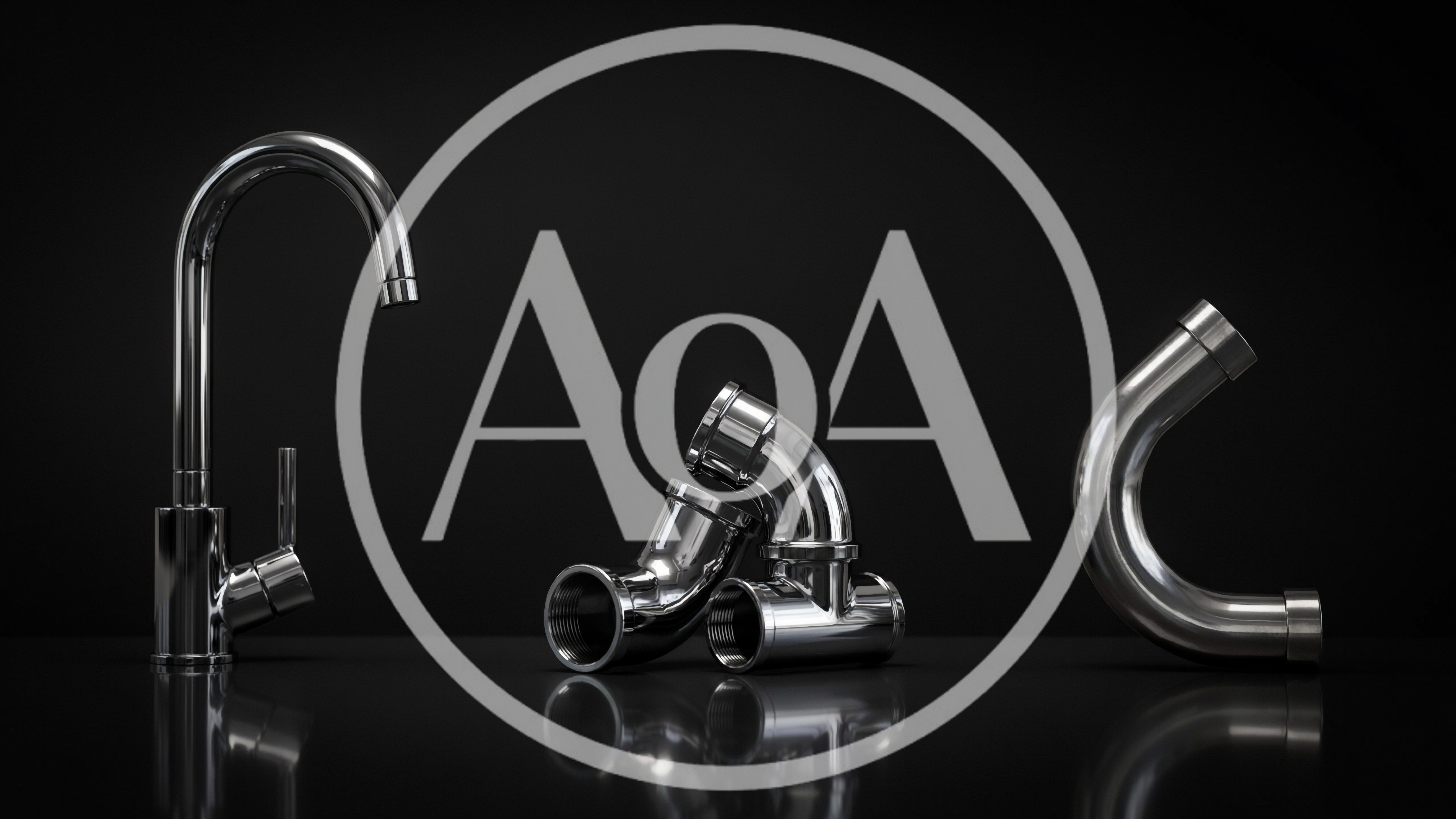 Chrome Plumbing Fixtures and Pipe Fittings on Black Background