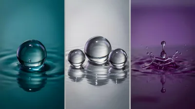 Triptych Of Water Droplets And Spheres In Vibrant Colors