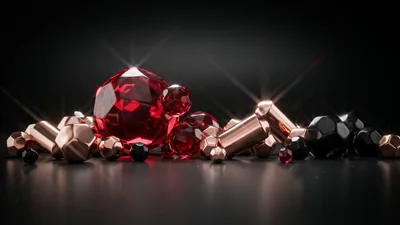 Abstract Composition Of Red Gemstones And Metallic Shapes