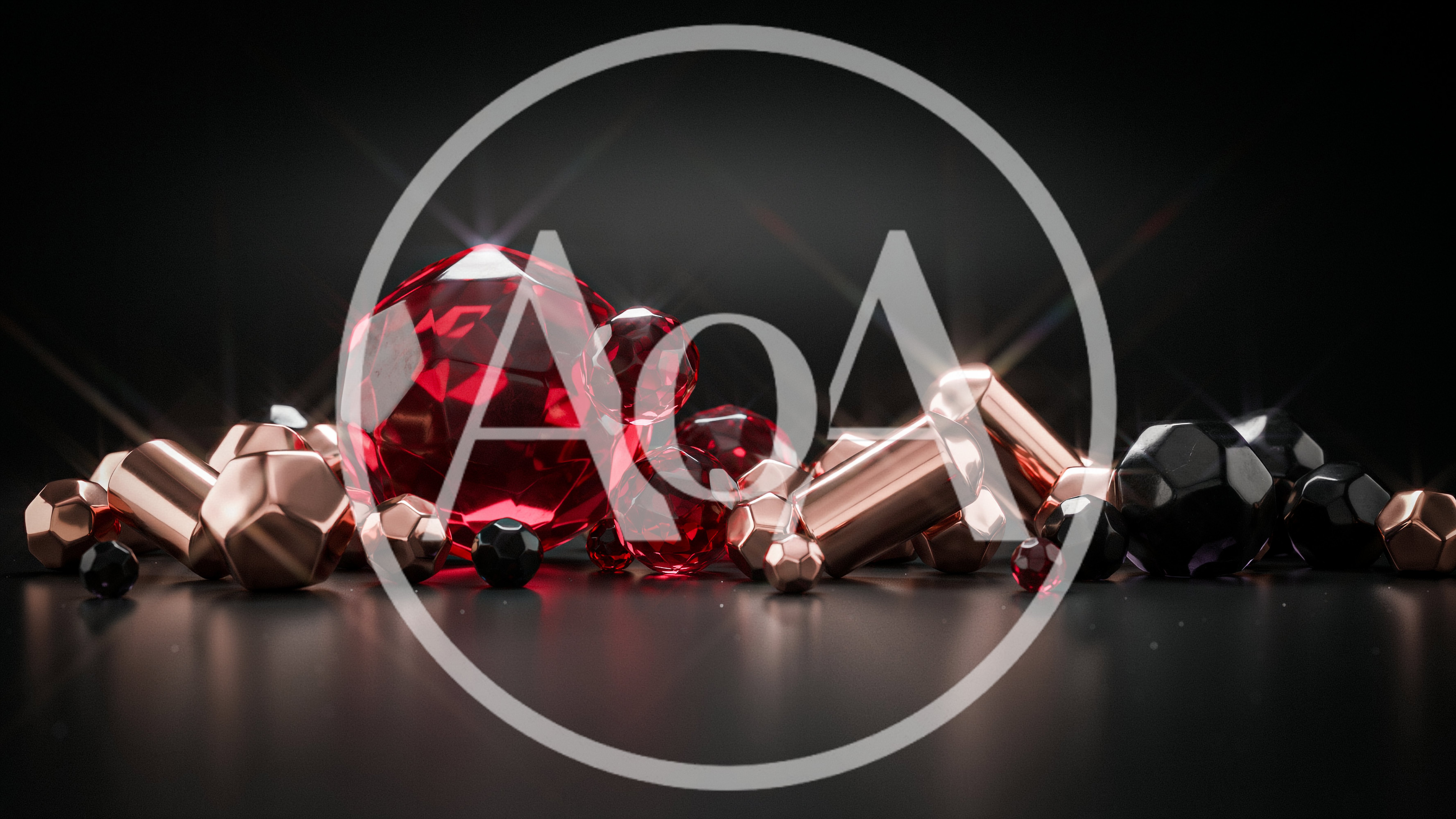 Abstract Composition Of Red Gemstones And Metallic Shapes