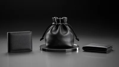 Black Leather Wallets and Drawstring Pouch on Display