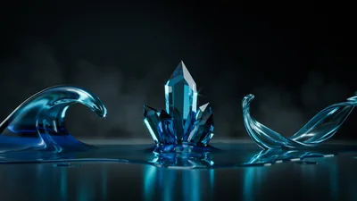 Blue Crystal Formation Surrounded By Dynamic Water Splashes