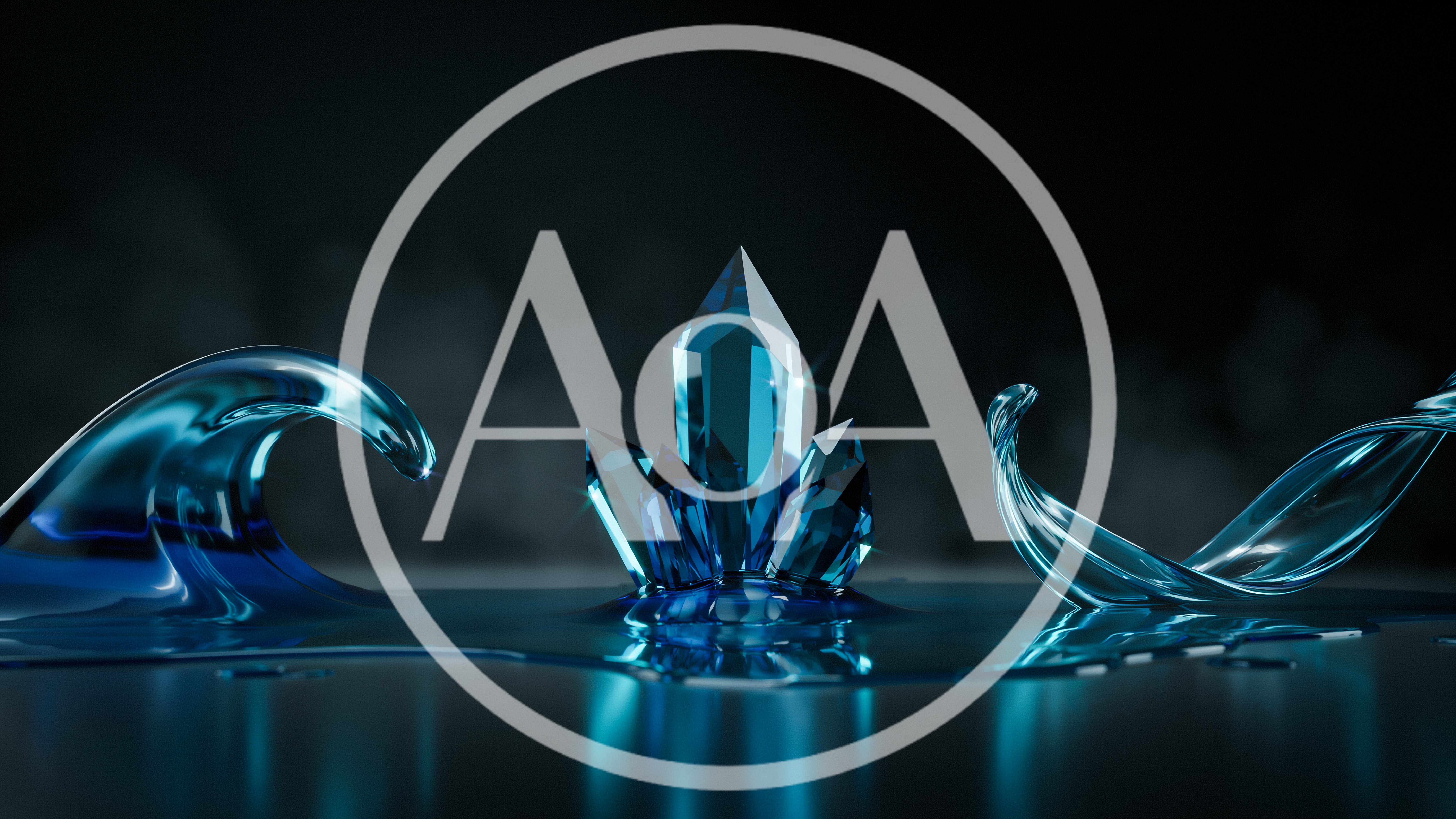 Blue Crystal Formation Surrounded By Dynamic Water Splashes