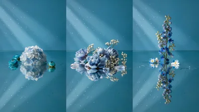 Three Panels Of Blue Flowers On Reflective Surface