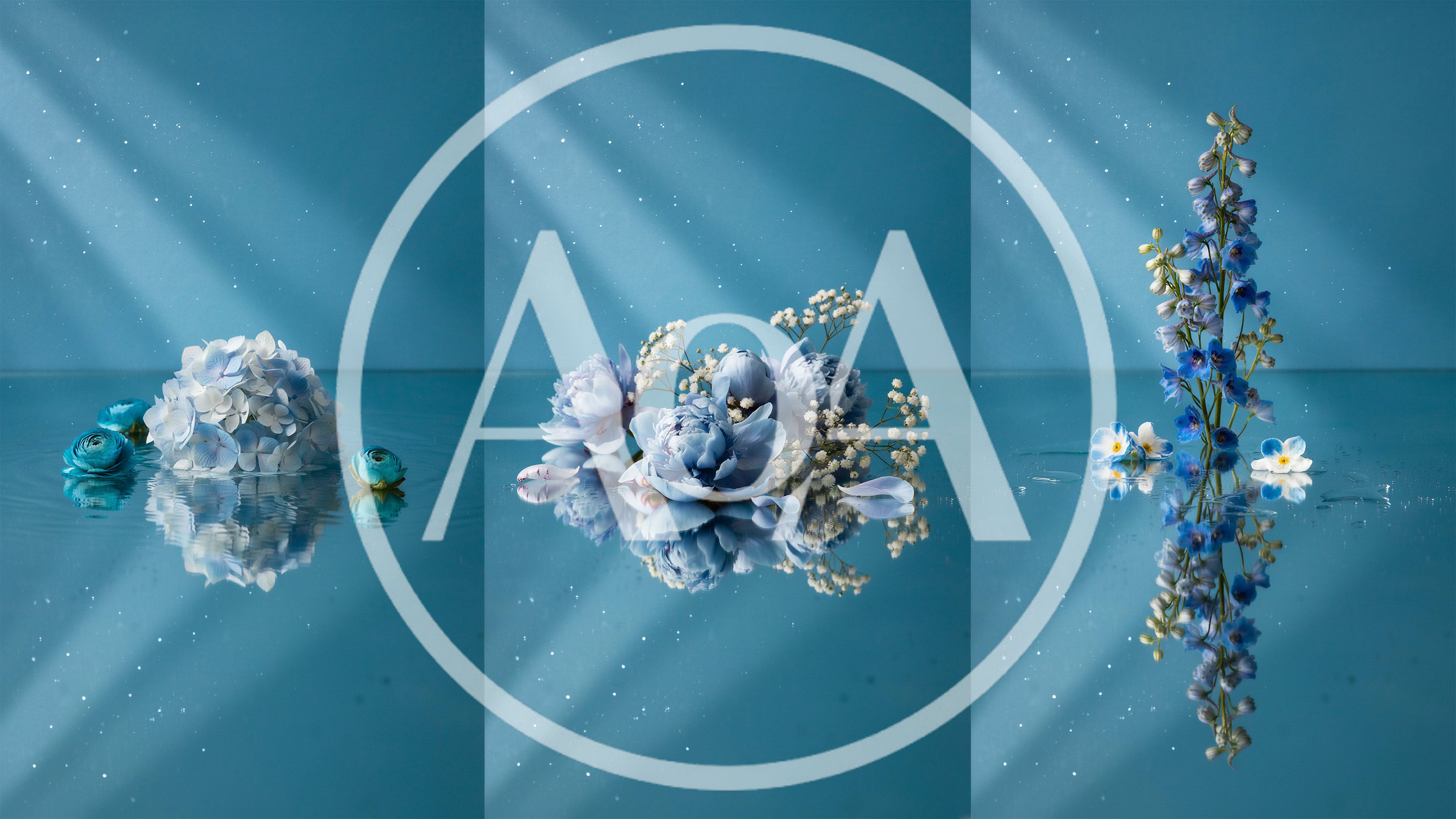 Three Panels Of Blue Flowers On Reflective Surface