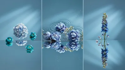 Blue Floral Compositions With Reflections On Mirror Surface