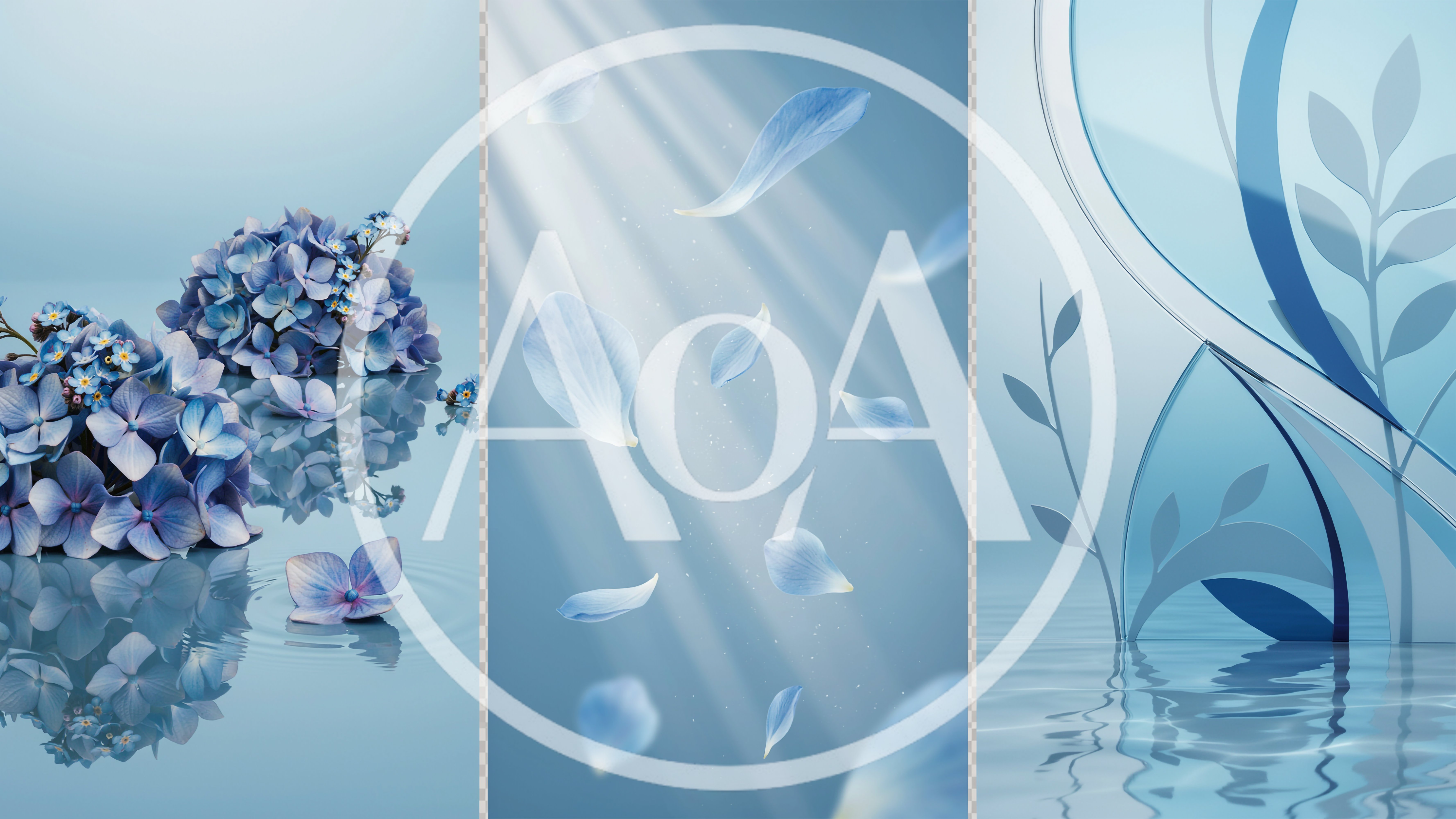 Abstract Blue Floral Composition With Water Reflections
