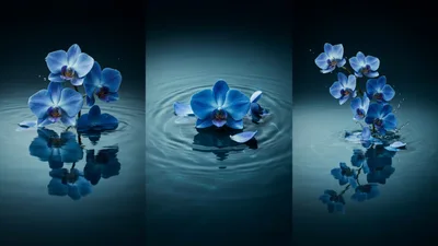 Blue Orchid Flowers Floating on Dark Water Surface