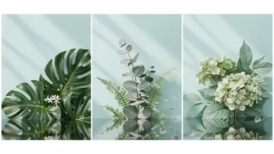 Three Panels Of Botanical Arrangements On Water Surface