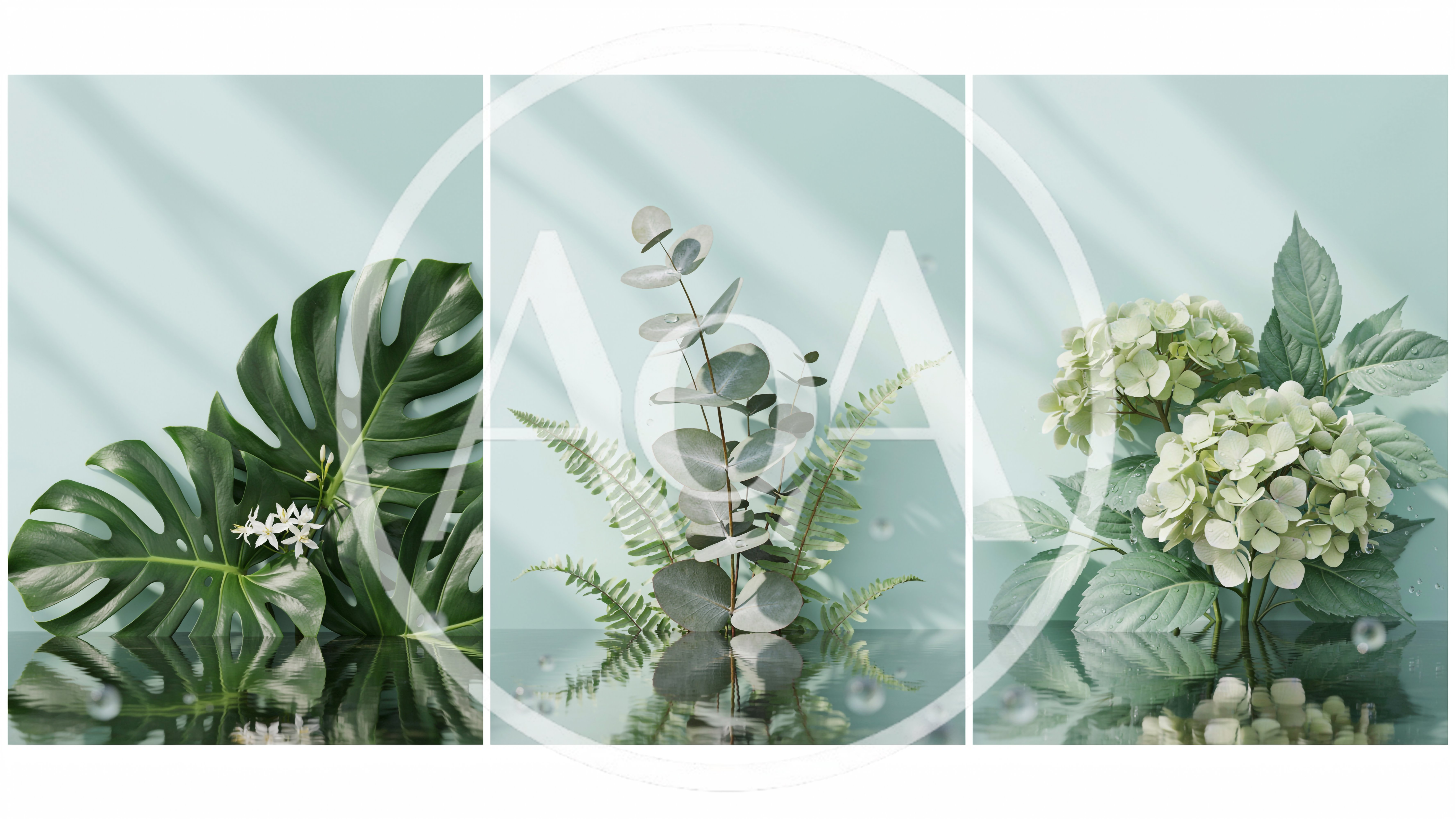 Three Panels Of Botanical Arrangements On Water Surface