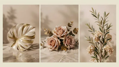 Triptych Of Elegant Floral Compositions On Sand
