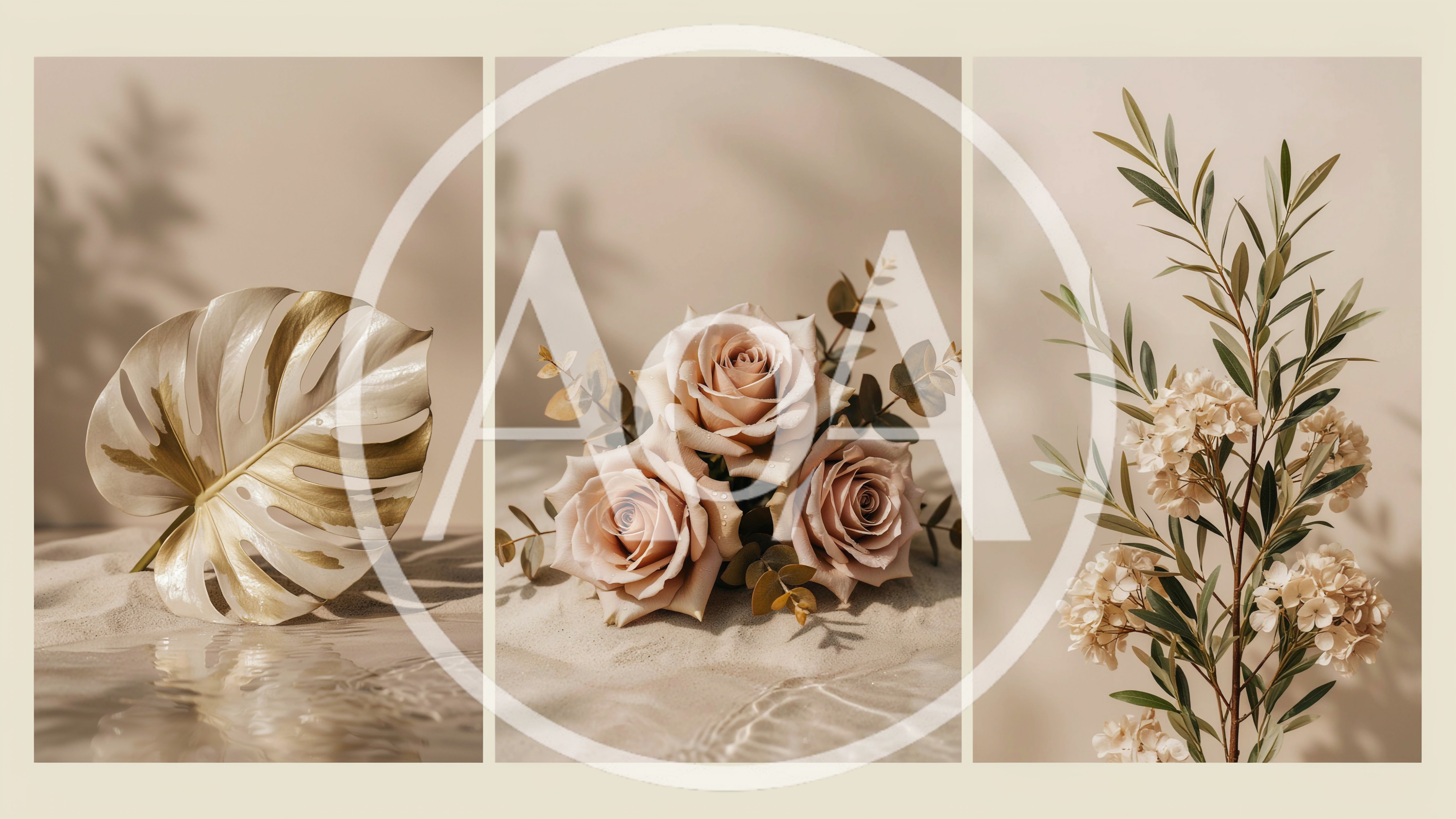 Triptych Of Elegant Floral Compositions On Sand