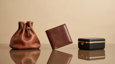 Brown Leather Pouch Wallet and Black Jewelry Box