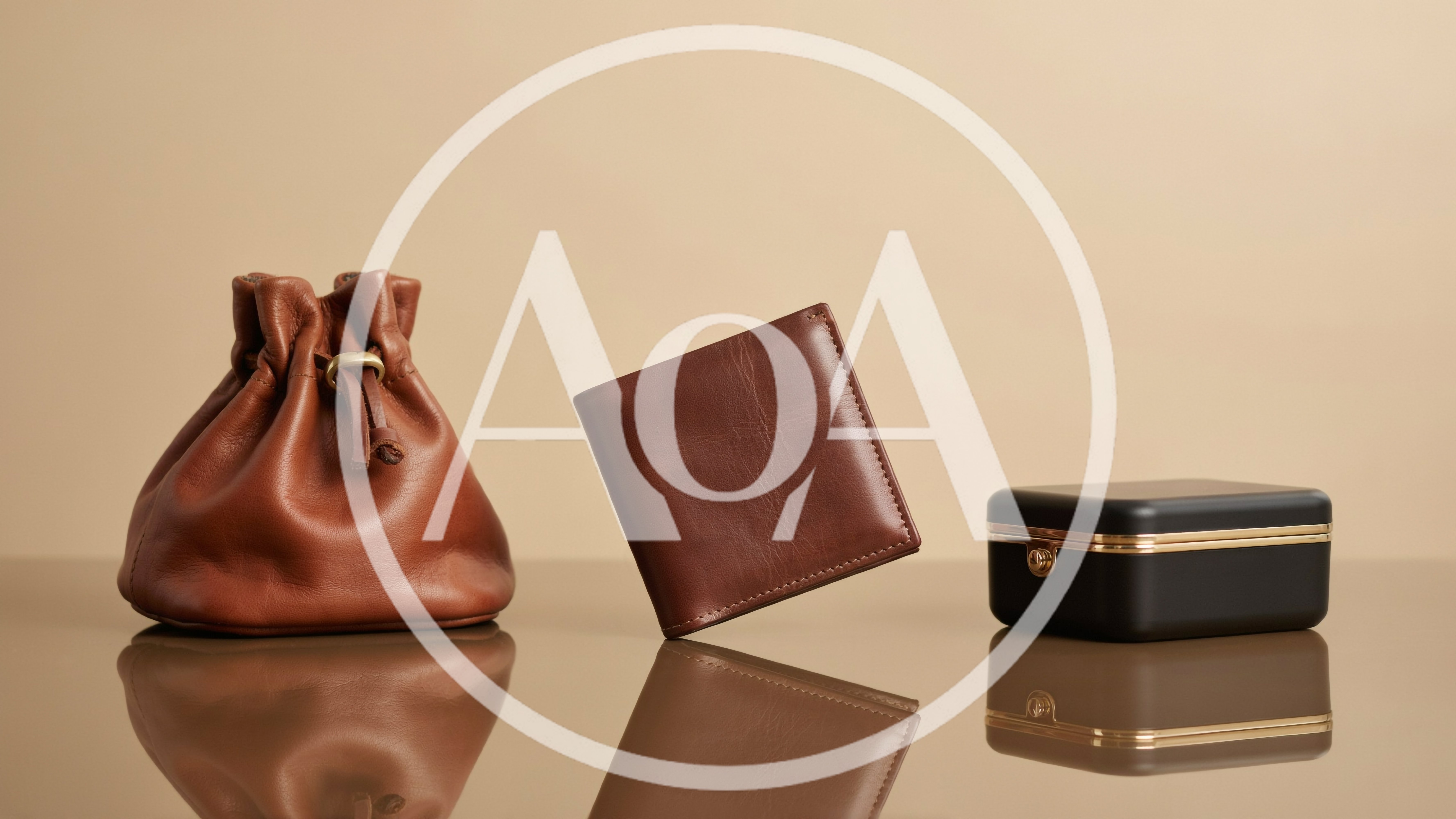 Brown Leather Pouch Wallet and Black Jewelry Box