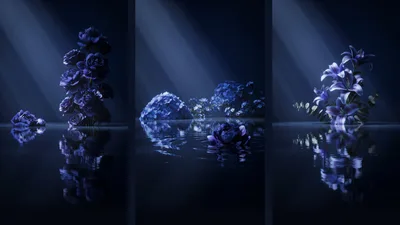 Triptych Of Blue Floral Arrangements Reflecting On Water