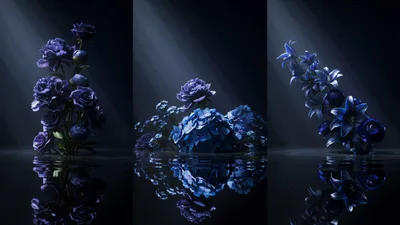 Triptych Of Dark Blue Flowers Reflecting In Water
