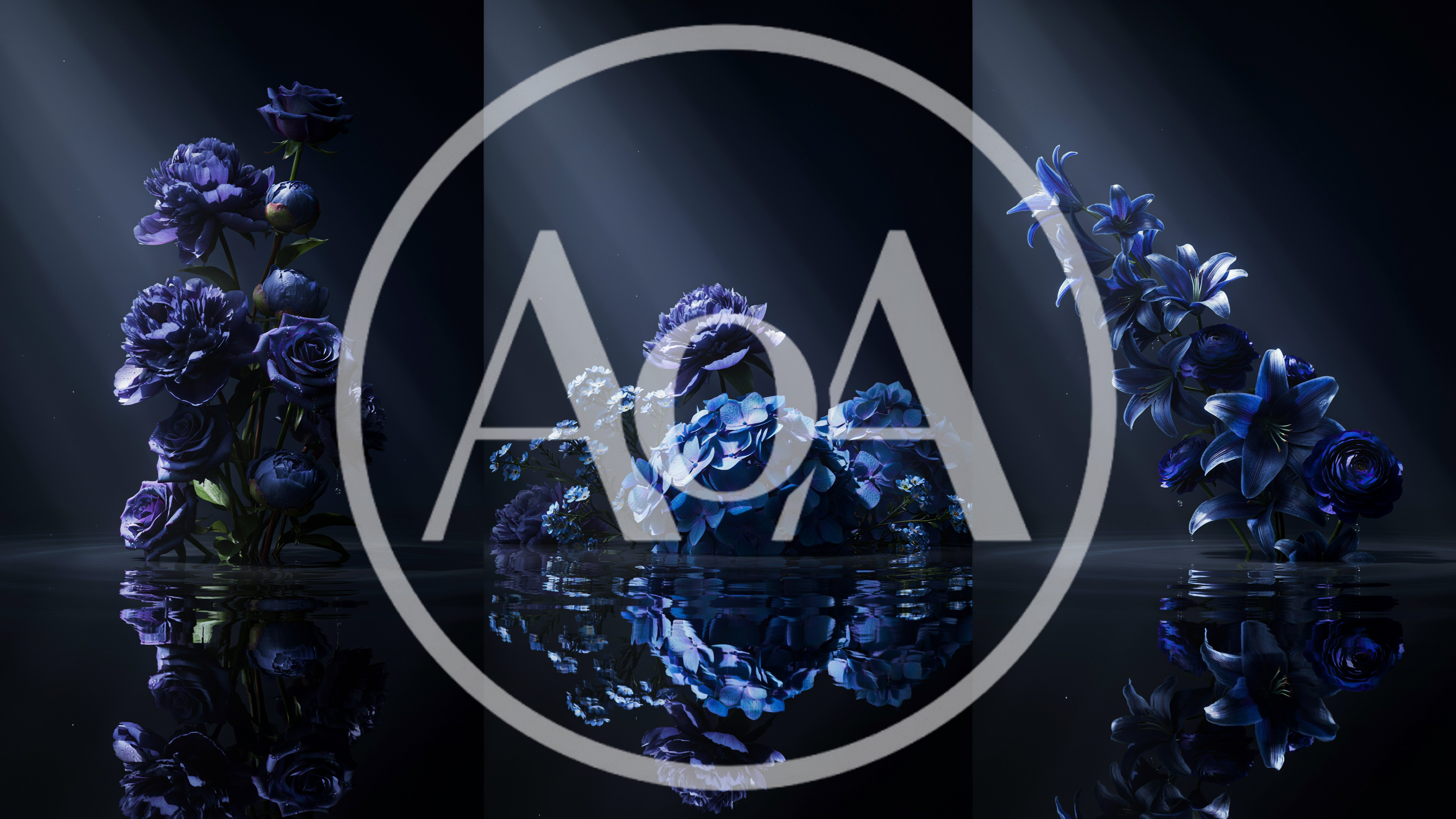Triptych Of Dark Blue Flowers Reflecting In Water