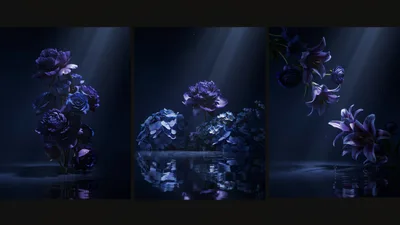 Triptych Of Dark Blue Floral Arrangements Over Water